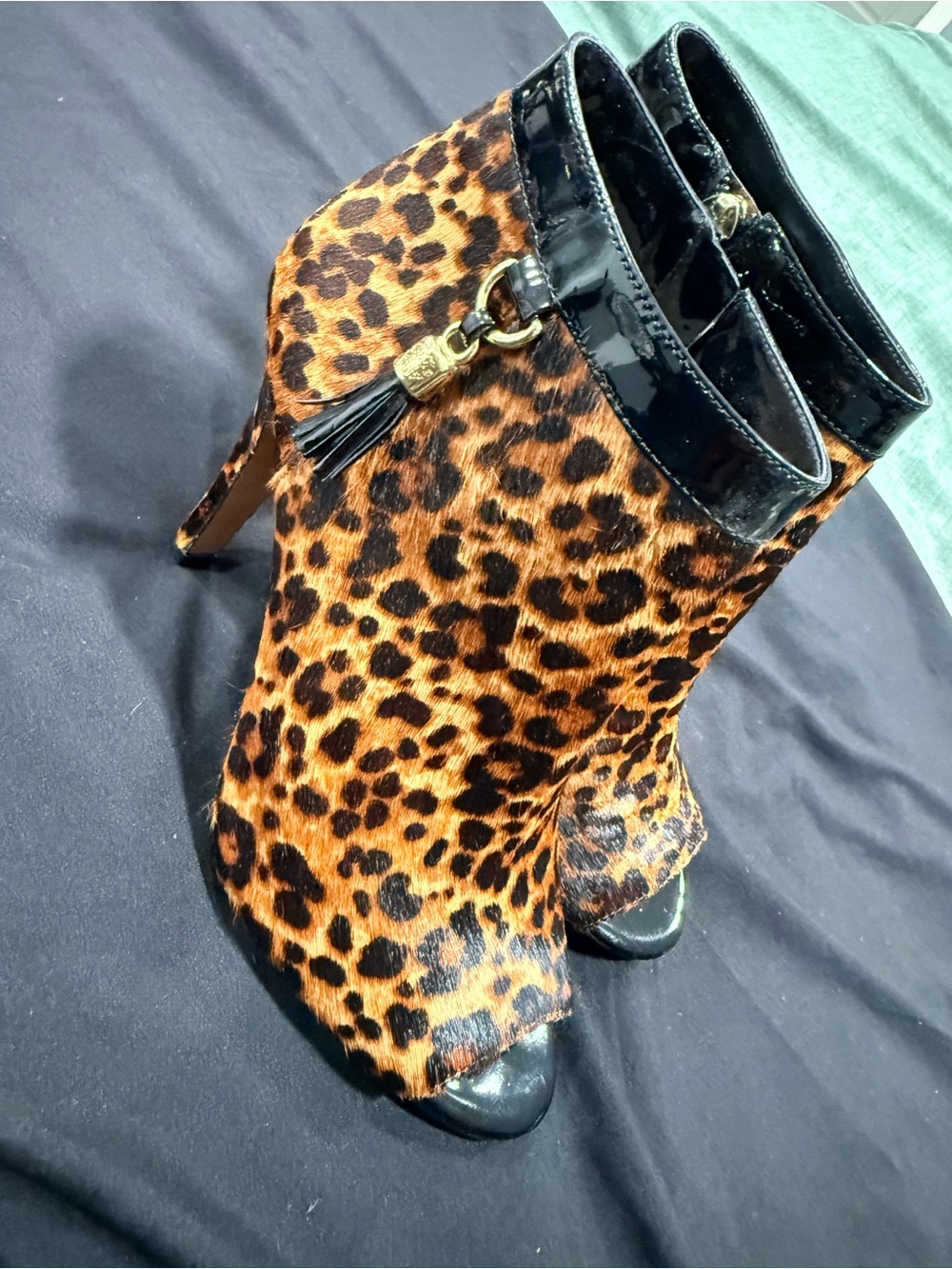 Vince Camuto Leopard Print Peep-Toe Ankle Boots with Tassel Trim